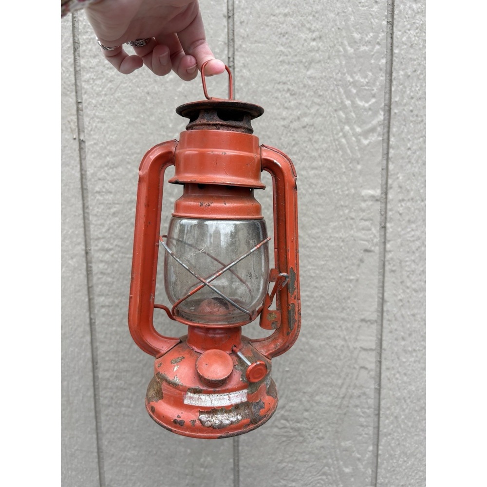 Vintage Red Metal Paraffin Lantern Oil Lamp Rustic Farmhouse Decor